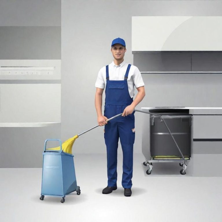 Handwerker repariert eine Küchenspüle, Werkzeugkasten liegt daneben.